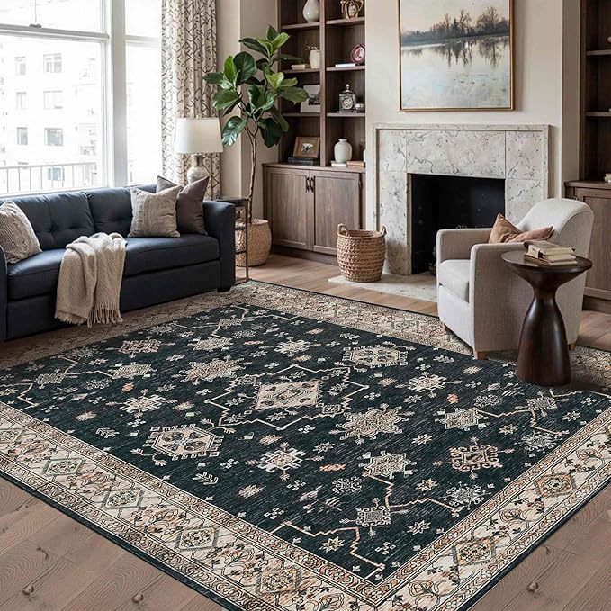 6x9 Area Rugs for Living Room Bedroom, Large Washable Rug, Black Vintage Floral Boho Rug, Non Slip & Low Pile Faux Wool Thin Carpet for Indoor Dining Room, Dorm and Kids Room(Black 6x9ft)