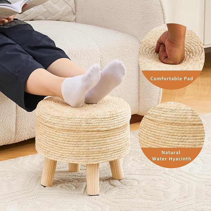 Cpintltr Storage Ottoman Poufs Handwoven Footstool Natural Seagrass Round Footrest Stool with 4 Wood Legs Soft Padded Outdoor Seat for Hallway Lounge Bedroom Garden