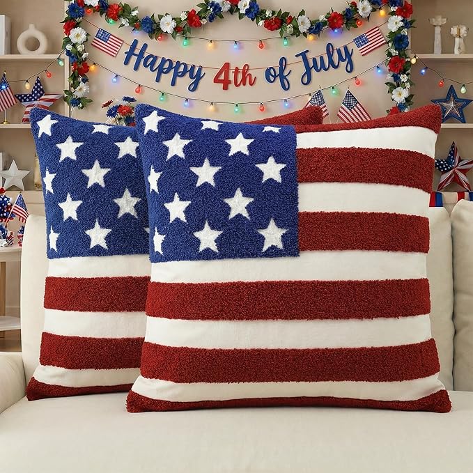 AVOIN colorlife 4th of July Patriotic Striped Star Flag Embroidered Throw Pillow Covers, 18 x 18 Inch Independence Day Decor Tufted Patterned Linen Cushion Case for Sofa Couch Set of 2