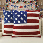 AVOIN colorlife 4th of July Patriotic Striped Star Flag Embroidered Throw Pillow Covers, 18 x 18 Inch Independence Day Decor Tufted Patterned Linen Cushion Case for Sofa Couch Set of 2