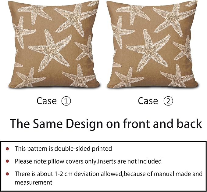 Kawani Tan Brown Starfish Ocean Pillow Covers 16X16 Inch Summer Nautical Coastal Beach Decorative Pillow Cases Set of 2 Cotton Linen Throw Pillows Seasonal Home Decor for Sofa Couch Cushion Outdoor