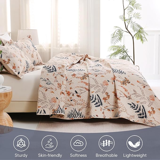 JSD Floral Quilt Set Twin Size, 2 Piece Printed Bedspreads Coverlet with Pillow Sham, Soft Microfiber Quilted Blanket