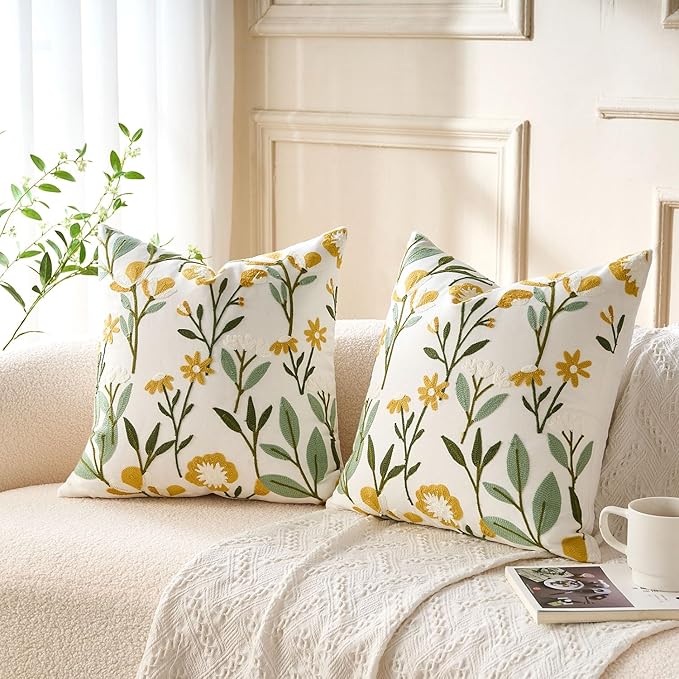 Embroidered Floral Throw Pillow Covers Flowers Decorative Couch Pillow Covers Farmhouse Green Floral Tufted Pillow Covers 18x18 Square Cushion Cases Set of 2 for Living Room Couch Sofa Bed Home Decor