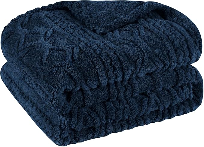 Superior Fleece Boho Jacquard Blanket, Decorative Blankets for Bedroom, Sofa, Fuzzy, Plush, Fluffy, Soft, Cute Room Decor, Beautiful Cover, Comfort Essentials, Arctic Collection, Twin, Navy Blue