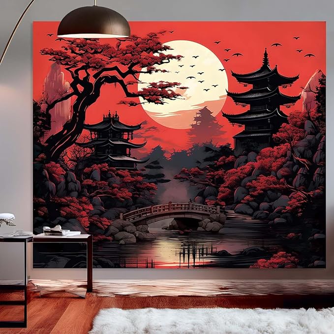 Atrippy Anime Wall Tapestry for Bedroom Aesthetic, Large Black Red Japanese Forest Moon Wall Art Decor Tapestries Wall Hanging, Vintage Dark Nature Mountain Landscape Backdrop for Living Room 60"X79"
