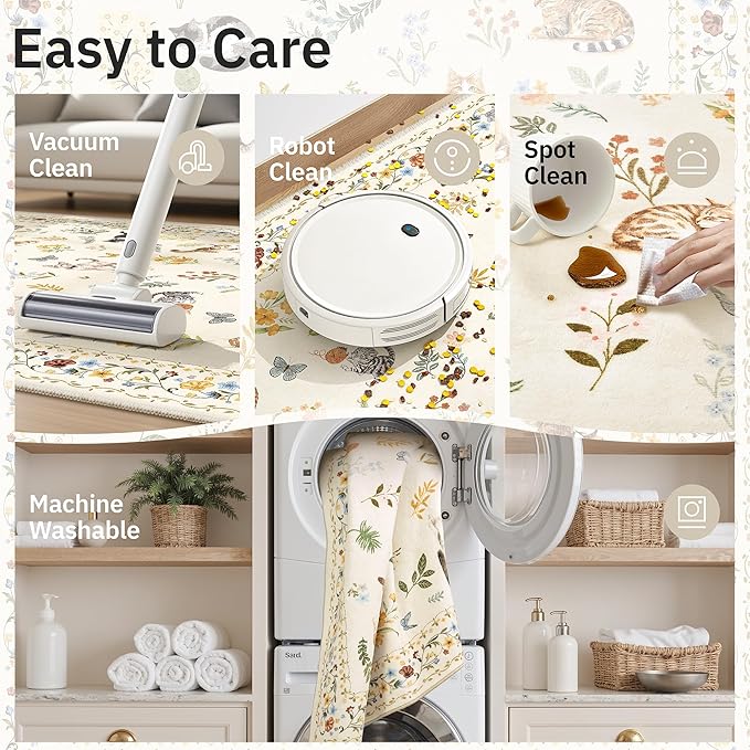 Cat 6x9 Area Rugs for Living Room, Machine Washable Animal Floral Vintage Rug Non-Slip Low Pile Soft Throw Rugs for Bedroom Dining Room Kitchen Nursery Playroom (6 x 9,Beige)