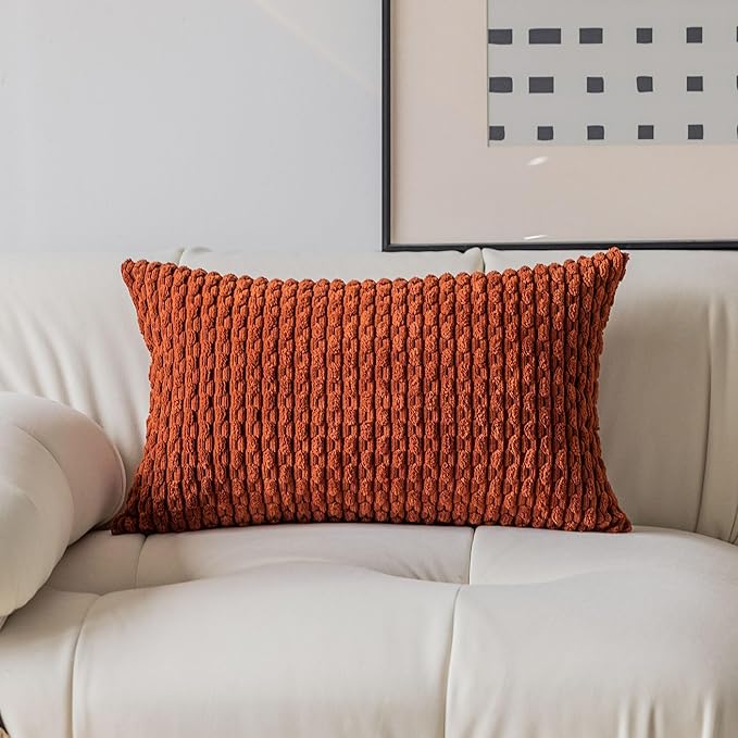 Kevin Textile Fall 14x20 Inch Pillow Cover 1 Pack Boho Decorative Soft Striped Corduroy Lumbar Farmhouse Solid Color Accent Rectangle Cushion Case for Living Room Couch Sofa Bed, Burnt Brick