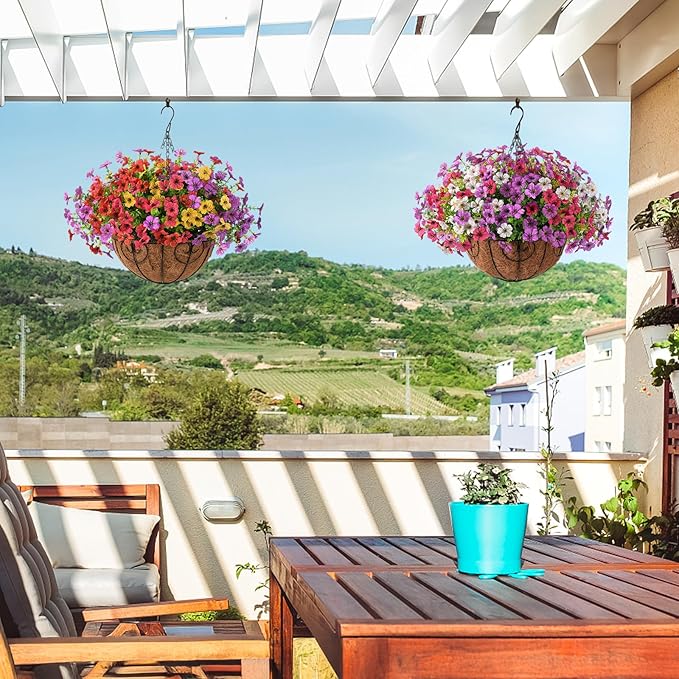 Homsunny Artificial Fake Hanging Flowers Plants Basket for Outdoor Spring Decoration, Faux Silk Daisy Outside Indoor UV Resistant Look Real Yard Patio Front Porch Garden Balcony Home Decor(Mix3)
