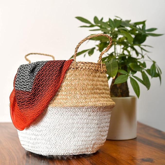 LiloCraft Seagrass Plant Basket (Size: 9x8 inches, Pattem:White Bottom) Home Decor Storage Solution with Eco-Friendly, Woven Basket Planter Indoor with Handles, Round Boho Plant Pot