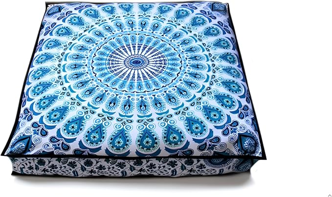 INDIAN CRAFT CASTLE 24" Green Peacock Mandala Barmeri Large Floor Pillow Cover Cushion Meditation Seating Ottoman Throw Cover Hippie Decorative Zipped Bohemian Pouf Ottoman Pom Pom Cases 24" Square