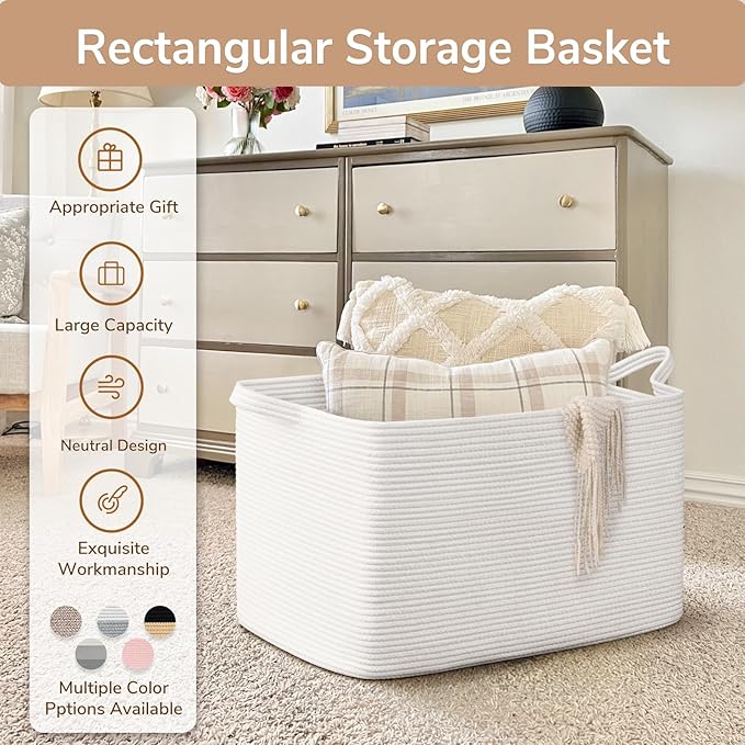Goodpick 85L Large Woven Blanket Basket 23.6" x 15.7" x 13.8" Cotton Rope Storage Baskets for Organizing, Soft Dirty Clothes Basket for Bedroom Bathroom, Toy Baskets Storage Kids, White