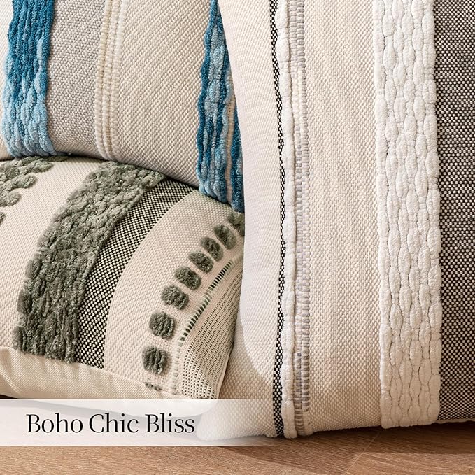 ANRODUO Pack of 2 Boho Decorative Throw Pillow Covers 18x18 Farmhouse Cushion Case Striped Chenille Pillow Cases Square Pillow Covers Accent Neutral Pillowcase for Sofa Couch Bed, White Stripe