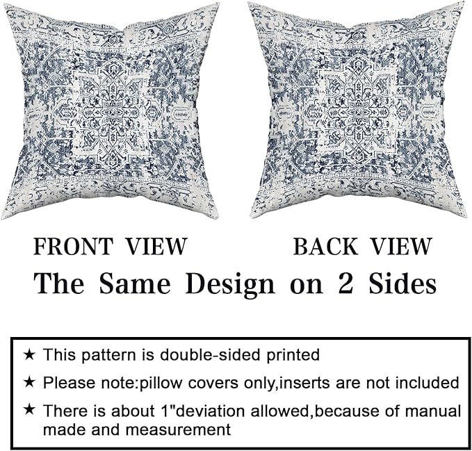 Navy Blue Grey Ethnic Boho Throw Pillow Covers 20x20 Inch Decorative Bohemian Carpet Pattern Vintage Gray Pillow Cases Rustic Cushion Covers Farmhouse Home Decor For Sofa Couch Outdoor Set of 2