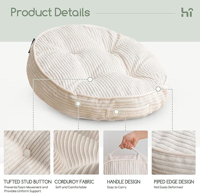 HIGOGOGO Floor Pillow Cushion for Adults, Meditation Cushion Pillow, Large Round Floor Sitting, Tufted Corduroy Cover, for Tatami Living Room or Yoga, 22x22 Inch, 2Pack, Beige