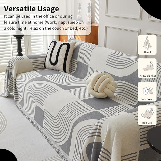 Boho Chenille Couch Cover with Tassels, Bohemian Sofa Cover for 1 Cushion Couch, Armchair, Chair, 1 Seater (71" x 91", Grey)