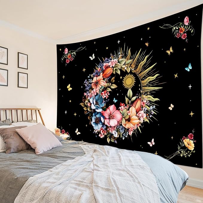 EOBTAIN Pink Flower Tapestry Colorful Floral Plant and Butterfly on Black Tapestries for Bedroom Aesthetic Vintage Botanical Tapestry Wall Hanging Decor for Living Room College Dorm 92"x70"