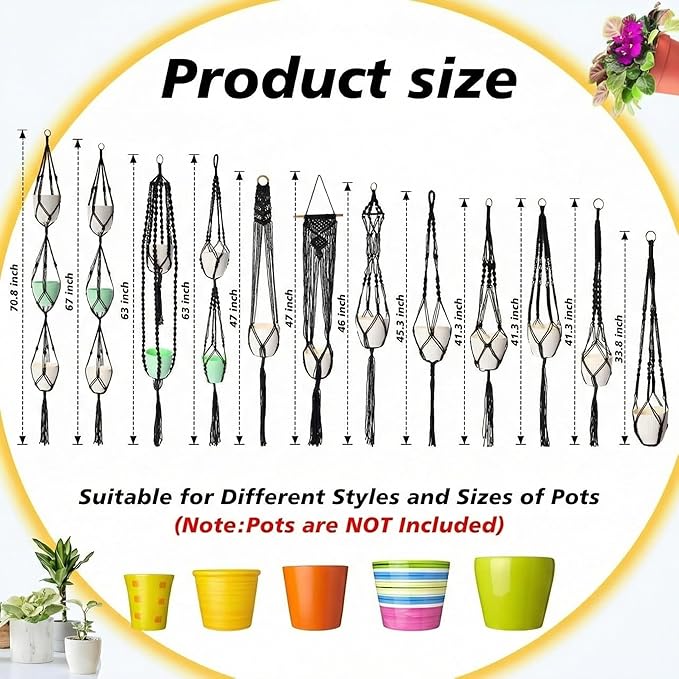 SATINIOR 12 Pcs Macrame Plant Hangers Handmade Boho Hanging Planters 12 Different Tiered Designs with 12 Hooks for Flower Pots Indoor Outdoor Decorative Wall Hanging Baskets for Home (Classic,Black)