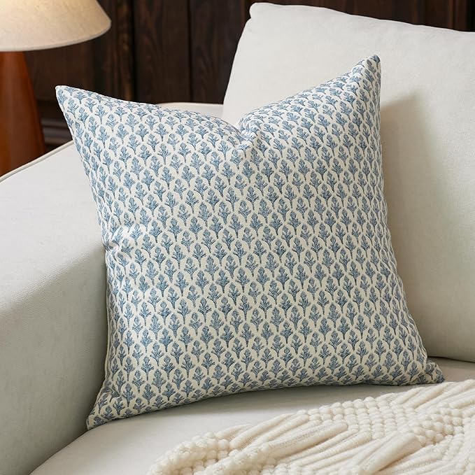 Floral Pillow Covers 20x20 Pillow Cover Block Print Couch Pillows for Living Room Decorative Neutral Accent Throw Pillow Covers, 1PC, Aqua Blue