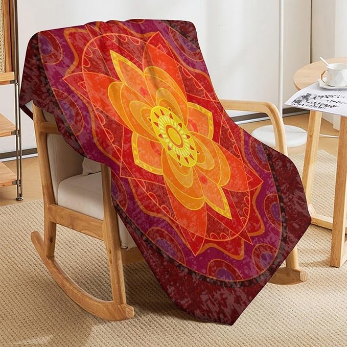 Red Mandala Throw Blanket Bright Circular Ethnic Pattern Native Indian Ornament Blanket for Sofa Bed Couch Chair Or Dorm 70"x80"