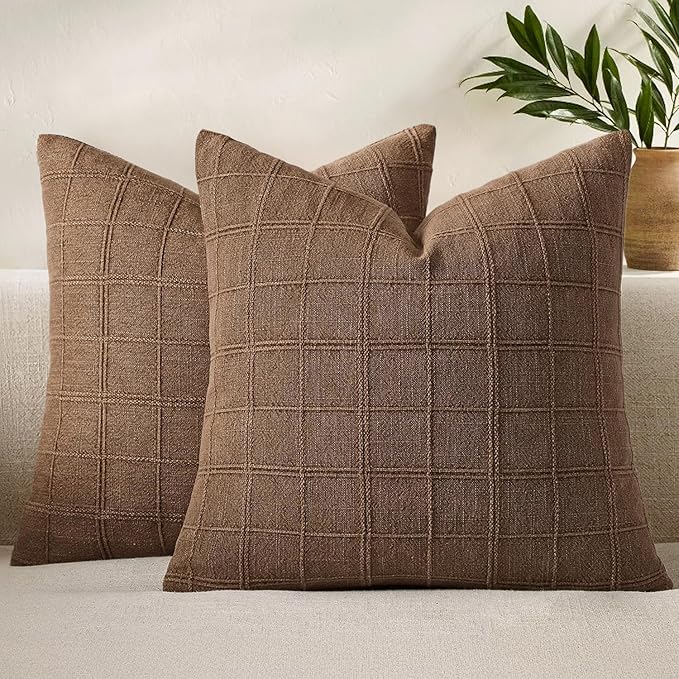 Woaboy Linen Check Throw Pillow Covers Set of 2 - Brown Farmhouse Modern Boho Vintage Euro Decorative Cushion Covers for Bed Sofa Couch Bedroom Living Room Decor 24x24 Inch