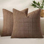 Woaboy Linen Check Throw Pillow Covers Set of 2 - Dark Brown Farmhouse Modern Boho Vintage Decorative Cushion Covers for Sofa Couch Bedroom Living Room Decor 18x18 Inch
