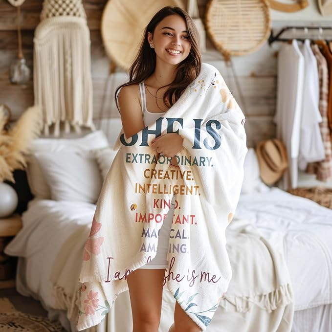 Inspirational Gifts for Women, Boho Inspirational Blanket, Birthday Gifts for Women Sister Grandma, Flower Motivational Positive Throw Blankets for Girly Room Bedroom Home Decor, 50x60 in