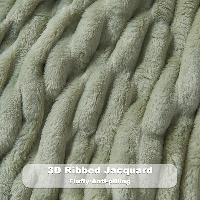 NEWCOSPLAY Super Soft Twin Blanket Sage Green Premium Silky Flannel Fleece 3D Ribbed Jacquard Lightweight Bed Blanket All Season Use (Sage Green Ribbed, Twin(60"x80"))