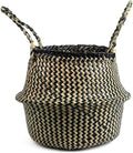 Woven Seagrass Belly Basket for Storage, Plant Pot, Picnic and Grocery Basket (Large, Black Strips)