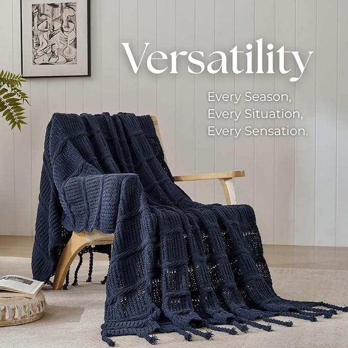 Boho Knitted Chenille Blanket with Tassels - Lightweight & Soft All-Season Throw - 3D Classic Pattern for Living Room Bedroom Couch, Royal Blue, Twin 60"x80"
