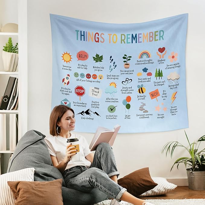 WARDOS Mental Health Blue Tapestry, Things to Remember Inspirational Tapestry Wall Hanging, Positive Affirmation Psychology Wall Blanket Decor for Therapy Calming Office Classroom, 50x60 Inch
