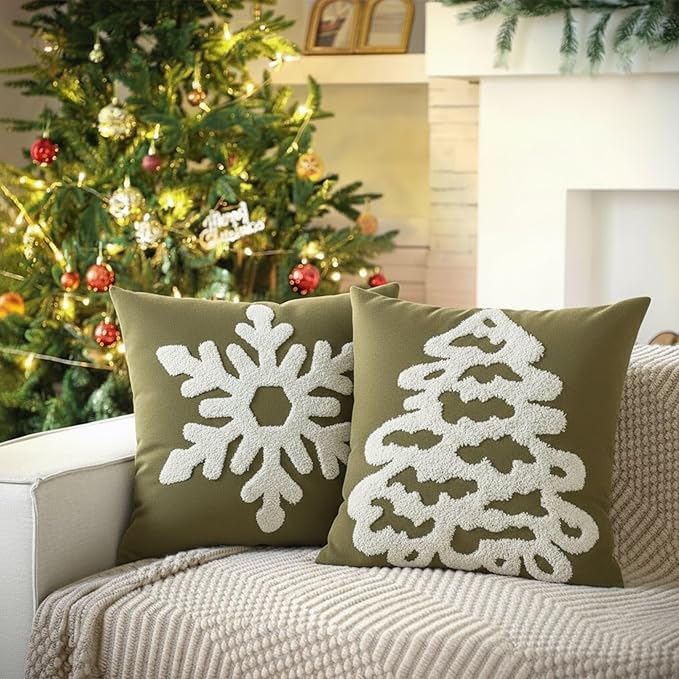 Breling Set of 2 Olive Green Velvet Embroidery Christmas Pillow Covers18x18 Winter Snowflake Pillow Covers Decorative Soft Tufted Luxury Christmas Tree Cushion Cover for Couch Sofa Bed Holiday Decor