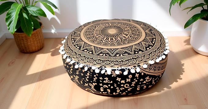 CRAFT KALA 24" Round Large Hippie Mandala Meditation Floor Ottoman Pillow Cushion Pouf Cover Square Poufs Bohemian Circle Floor Cushion Case Outdoor Fireplace Yoga Living Room Decor Cover Black Gold