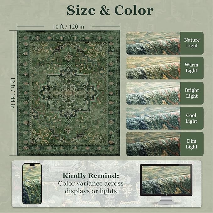 Green Large Area Rugs 10x12, Living Room Bedroom Carpet Extra Large Size Washable Non Slip, Vintage Distressed Medallio Low Pile Thin Rug for Big Dining Room