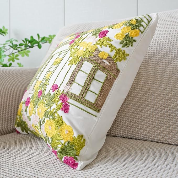 vctops Spring Embroidered Decorative Throw Pillow Cover Summer Floral Square Pillow Cases Garden Cotton Cushion Cover for Couch Sofa Bed (Flower C,18"x18")