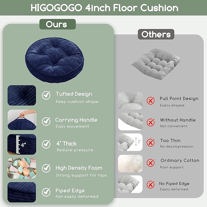 HIGOGOGO Floor Pillow Cushion for Adults, Meditation Cushion Pillow, Large Round Floor Sitting, Tufted Corduroy Cover, for Tatami Living Room or Yoga, 22x22 Inch, 2Pack, Navy