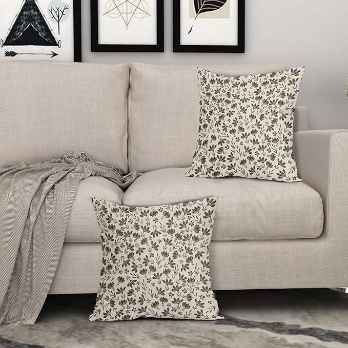 Dark Brown Floral Pillow Covers 16x16 Set of 2 Vintage Rustic Old Style Cute Small Flower Print Decorative Outdoor Pillowcases Farmhouse Throw Cushion Case Decor for Couch Sofa Bed