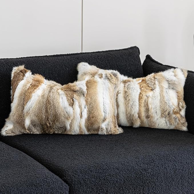 MOOX Rabbit Fur Throw Pillow Covers Decorative Fluffy Soft Fuzzy Plush Luxury Genuine Animal Skin Lumbar Pillow 12"x20" Cushion Cover(Yellow-White, 12x20inch)