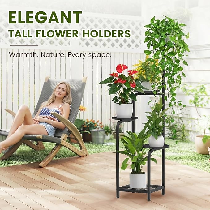TOSKING 5 Tier Tall Plant Stand Indoor Outdoor,Anti-Tip Plant Stand indoor, Wide Base for Pots, Child and Pet Friendly,Heavy Duty Corner Shelf for Plants & Decor, Space Saving ,Tiered Metal Flower Pot Stand for Balcony, Garden, Living Room, Patio (Blac...
