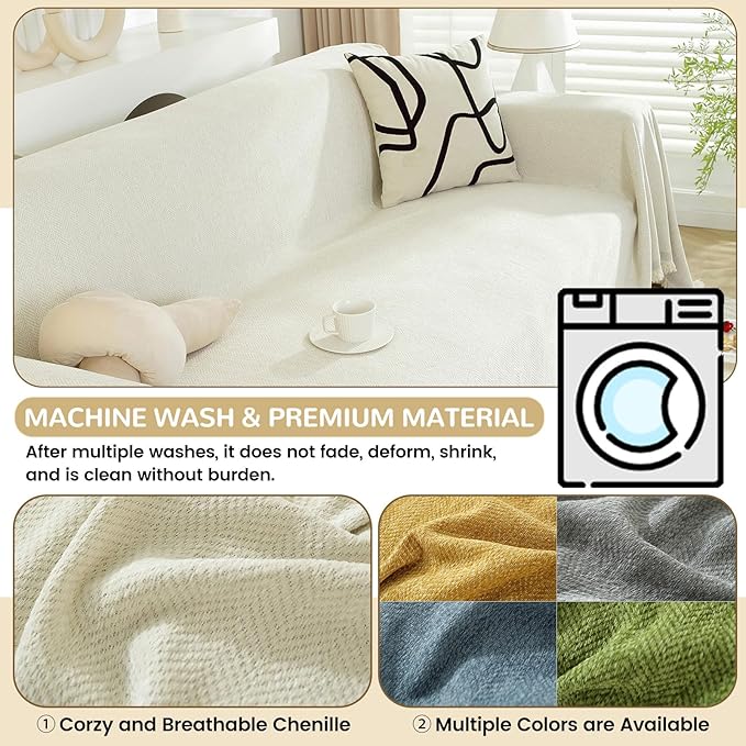 ROOMLIFE Beige Boho Couch Cover Sofa Covers with Tassel Farmhouse Sofa Slipcover Simple Couch Protector for Dogs Chenille Sectional Couch Covers L Shaped Couch Cushion Covers, 71"x 118"