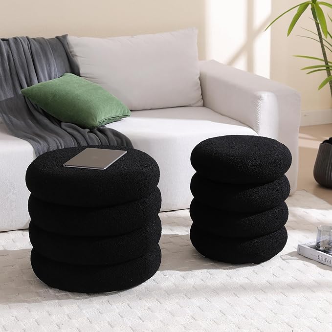 Boucle Ottoman with Storage Black, Small Round Footrest Stool with Removable Lid, Upholstered Sherpa Vanity Chair for Bedroom Entryway