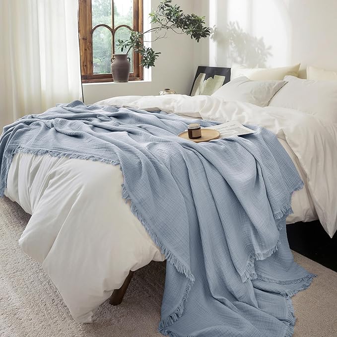 FOSSA Muslin Blanket with Fringe - 4-Layer 100% Cotton Gauze Super Soft & Breathable Throw -Lightweight Decorative Cooling Blanket for Bed, Sofa, Office (Cornflower Blue, Oversize Queen (98" × 98"))