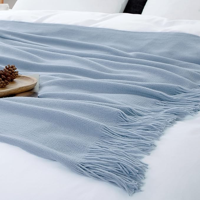 Vonty Light Blue Knitted Blanket with Tassels Fringe 50" x 60", Super Soft Knit Throw Blanket, Farmhouse Decorative Lightweight Blanket for Couch, Bed, Sofa