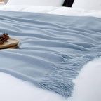 Vonty Light Blue Knitted Blanket with Tassels Fringe 60" x 80", Super Soft Knit Throw Blanket, Farmhouse Decorative Lightweight Blanket for Couch, Sofa, Bed