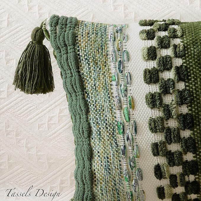 Kevin Textile Spring 12x20 Inch Lumbar Throw Pillow Cover 1 Pack Boho Decorative Soft Chenille Thread Woven Tufted Textured Rectangle Cushion Case Accent for Living Room Couch Sofa Bed, Green