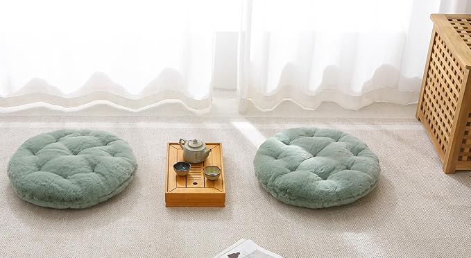 Large Floor Pillow Meditation Cushion Round Floor Cushions for Adults,Luxury Faux Fur Thick Floor Pillows for Sitting Put in Living Room Balcony Outdoor Tatami（Sage Green）