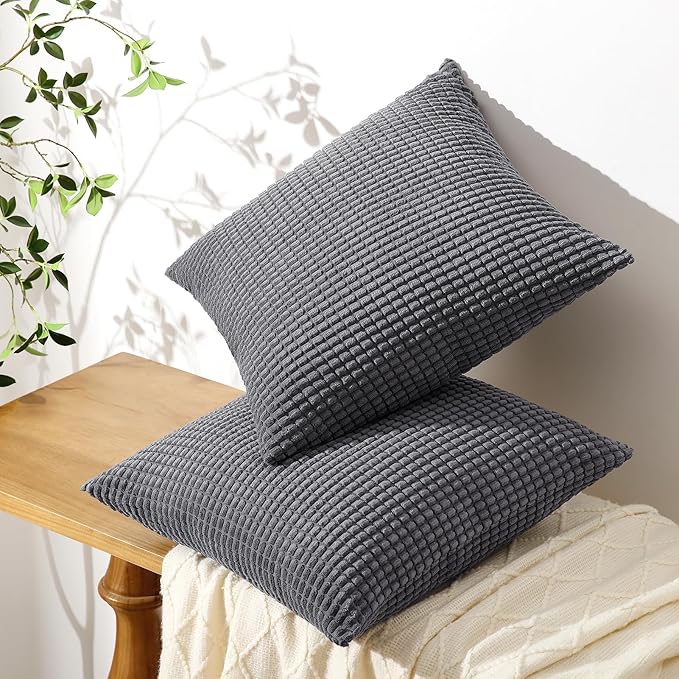 Softalker Throw Pillow Covers 18x18 Inch, Set of 2, Soft Corduroy Boho Stripe Decorative Pillow Cover, Couch Fluffy Pillow Cover for Farmhouse Home Decor Bed Living Room, Dark Grey