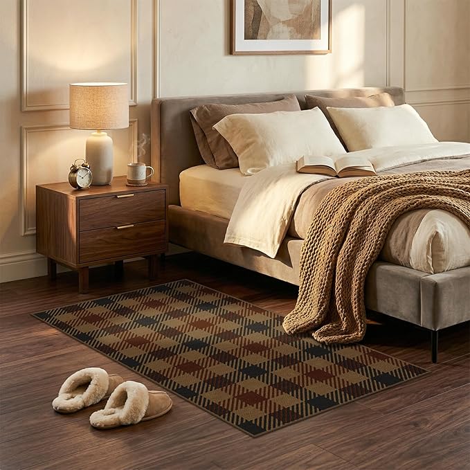 JTJ 3x5 Vintage Door Mats Outdoor Entrance - Easy Jute Fall Rugs Outdoor for Patio, Balcony, Kitchen, Mudroom, Washable Earthy Brown and Red Checkered Elegence Décor
