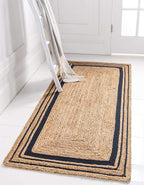 Unique Loom Braided Jute Collection Classic Quality Made Natural Hand Woven with Coastal Design Area Rug (2' 6 x 6' 0 Runner, Natural/ Navy Blue)