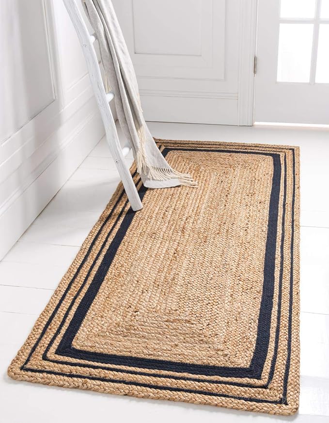 Unique Loom Braided Jute Collection Classic Quality Made Natural Hand Woven with Coastal Design Area Rug (2' 6 x 6' 0 Runner, Natural/ Navy Blue)