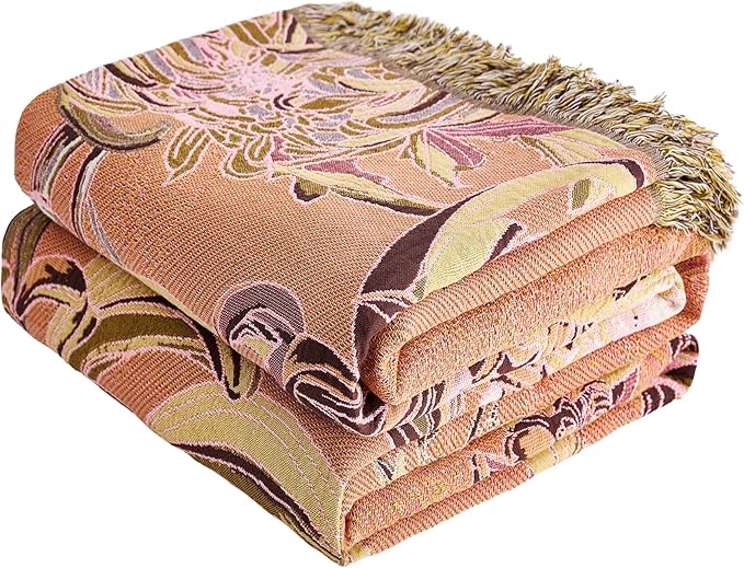 Boho Throw Blanket 80" x 90", 100% Organic Cotton Breathable Skin-Friendly Ultra Soft Bed Quilt Throw - Floral Rustic Decor Luxury Reversible Blanket for Sofa Couch Chair and Gift,